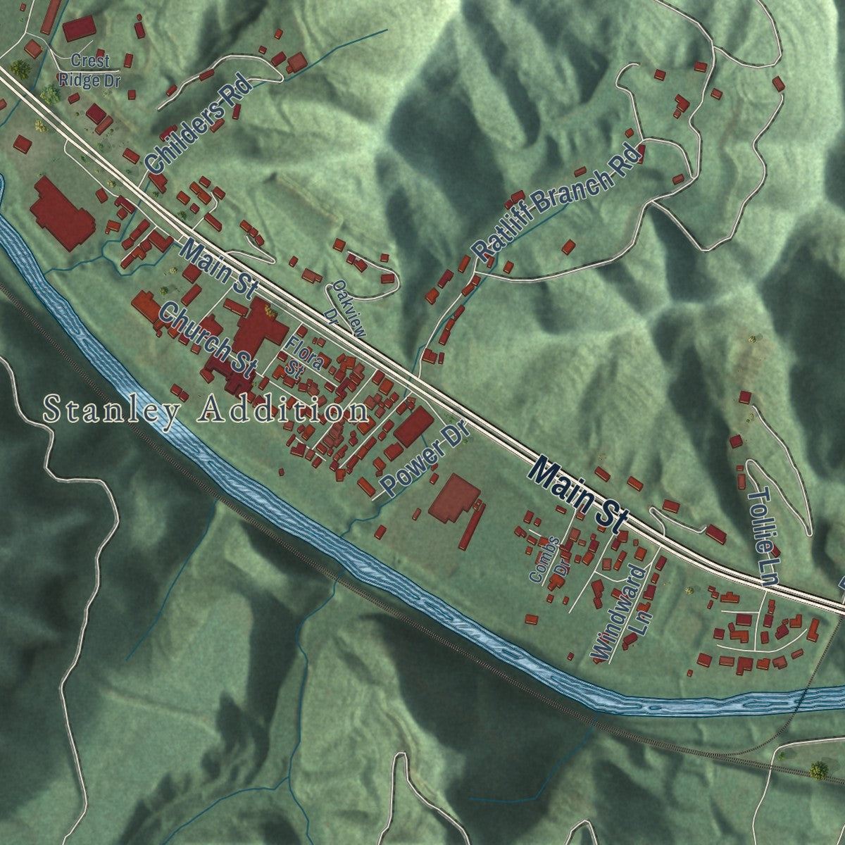 Close-up of the map of Coal Run Village, Kentucky print showing street and building detail