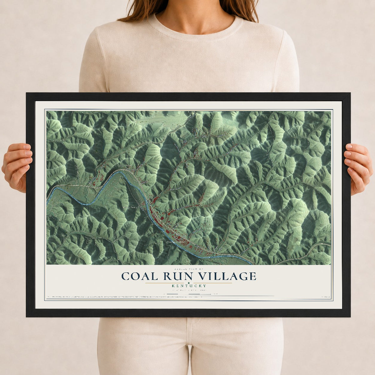 Map of Coal Run Village, Kentucky, 12 x 18 inch print in a black wood frame