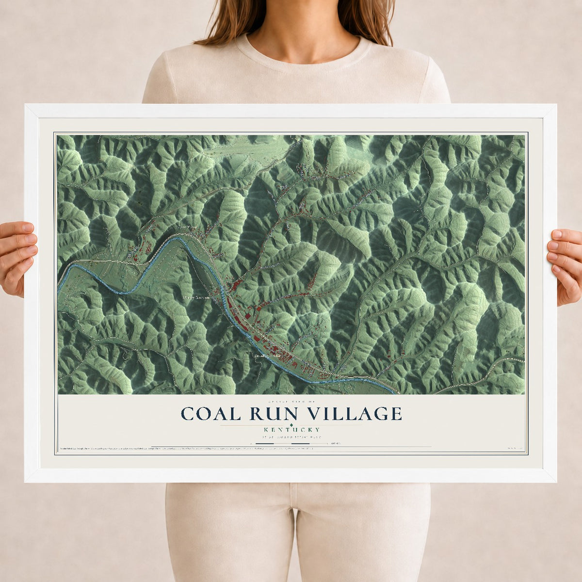 Map of Coal Run Village, Kentucky, 18 x 24 inch print in a white wood frame
