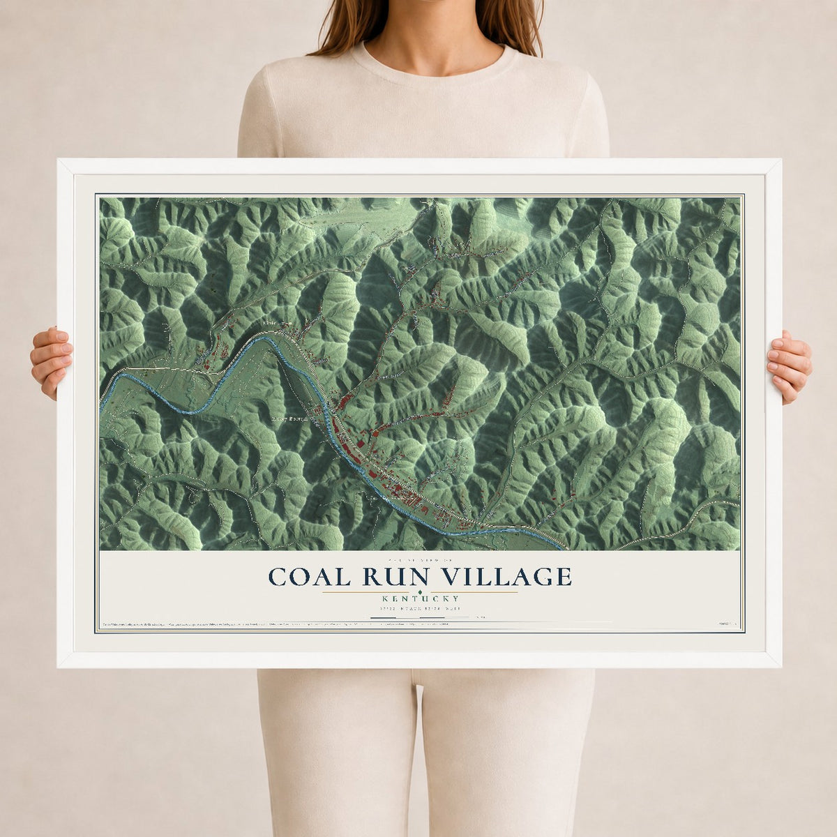 Map of Coal Run Village, Kentucky, 24 x 36 inch print in a white wood frame