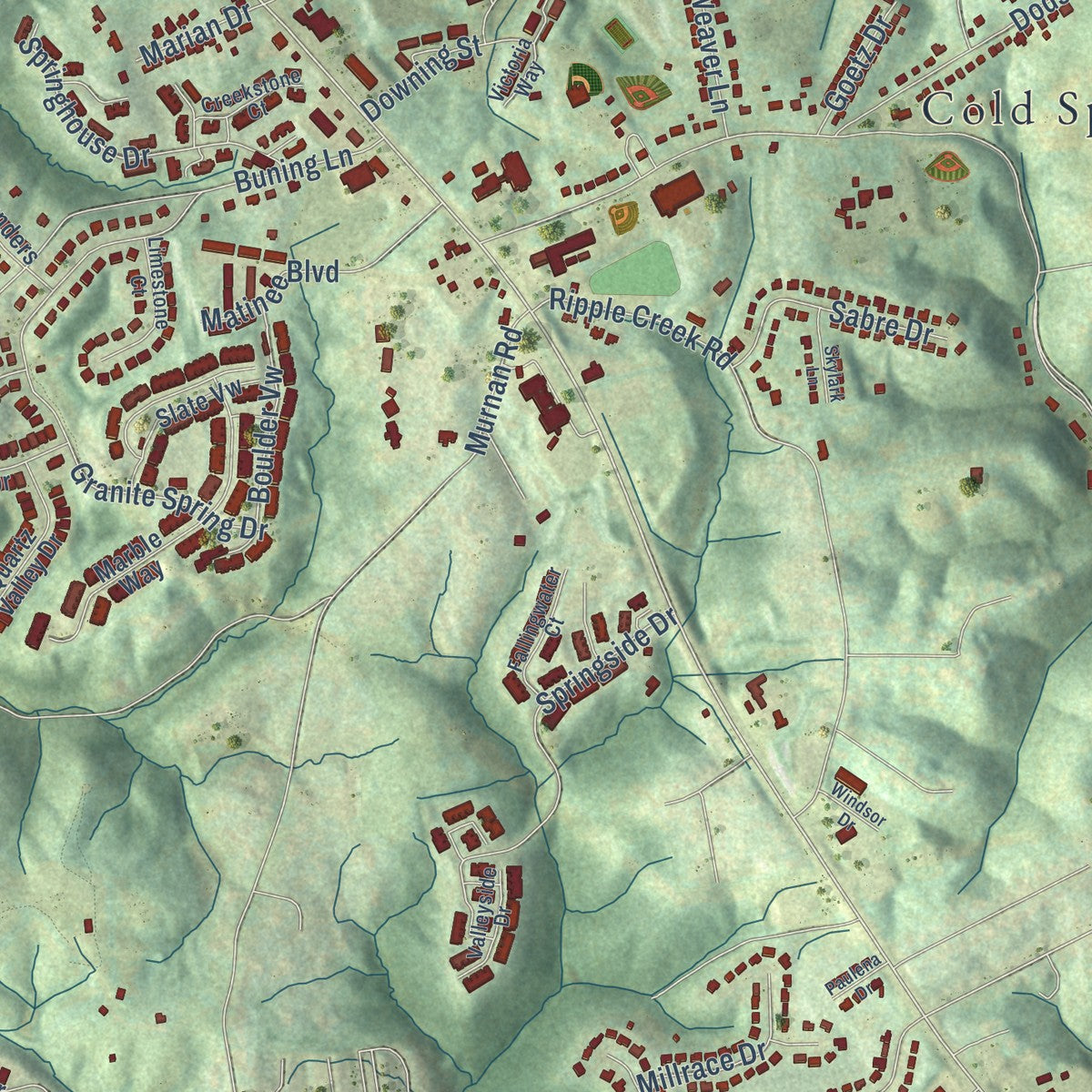 Close-up of the map of Cold Spring, Kentucky print showing street and building detail