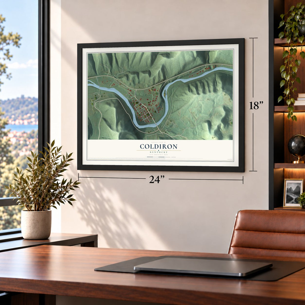 Coldiron, Kentucky map, 18 x 24 inch print in a black frame in a home office