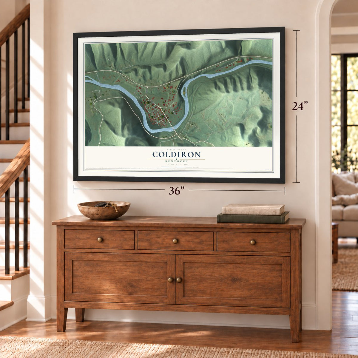 Coldiron, Kentucky map, 24 x 36 inch print in a black frame above a dresser by a staircase