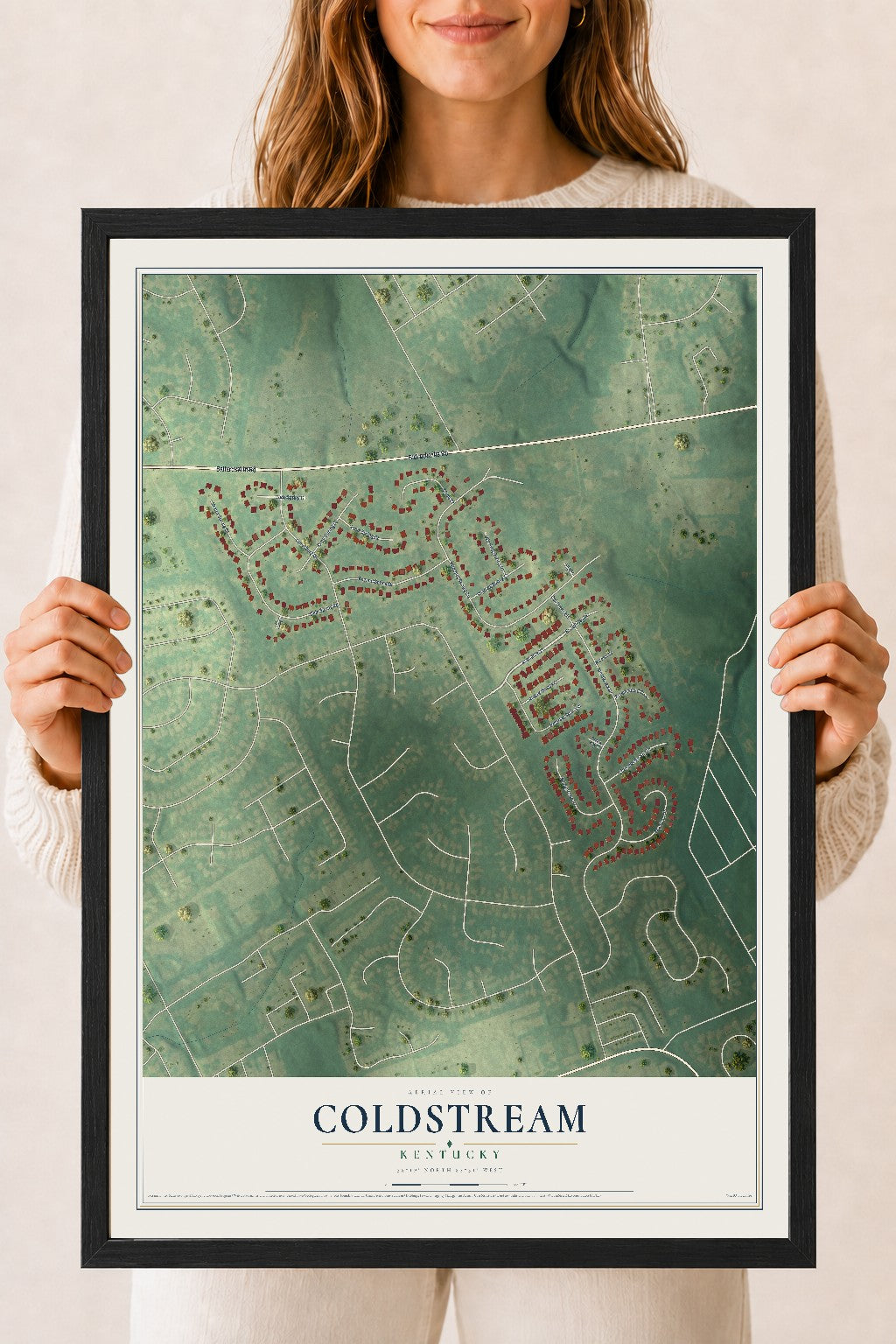 Map of Coldstream, Kentucky, 18 x 24 inch print in a black wood frame