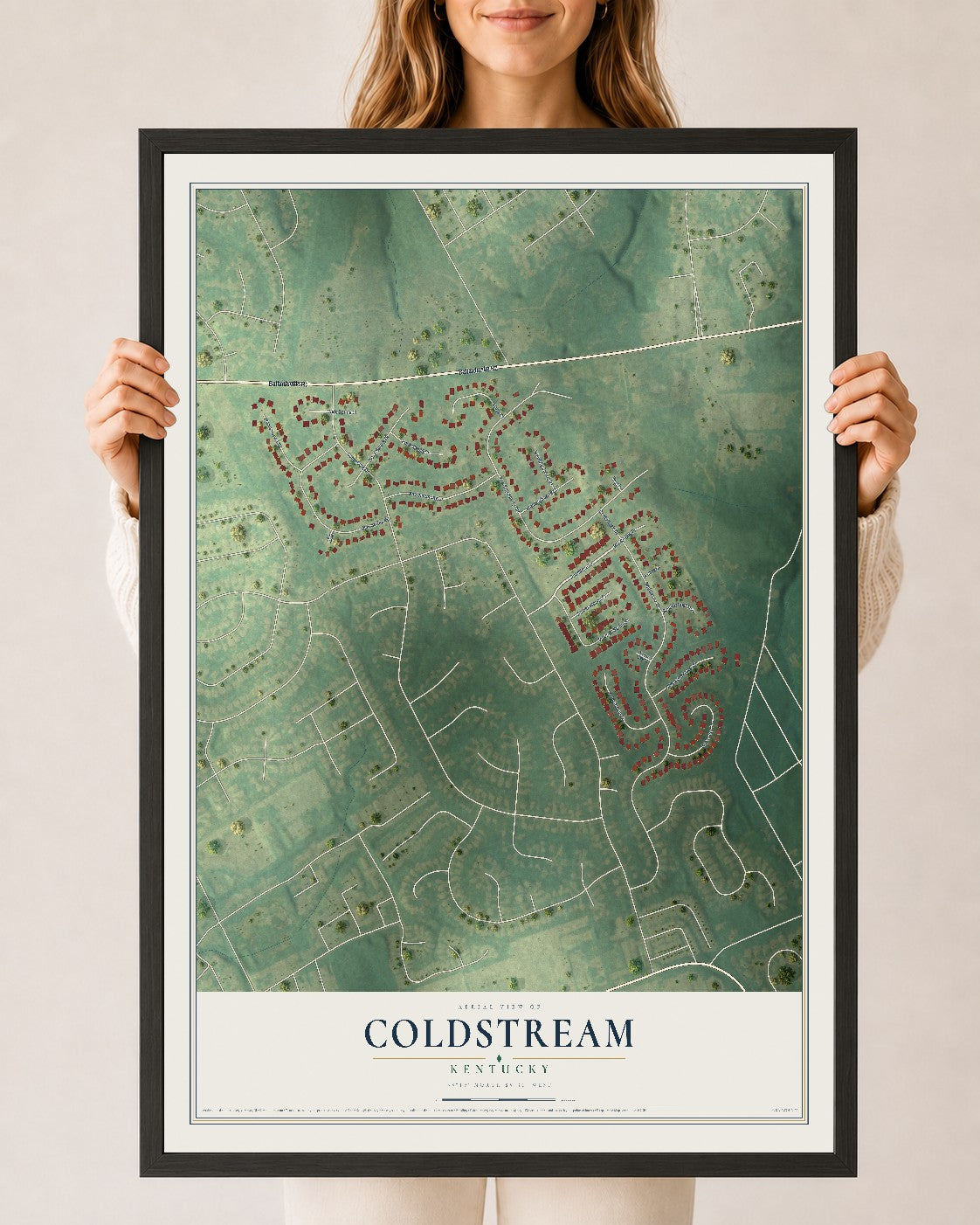 Map of Coldstream, Kentucky, 24 x 36 inch print in a black wood frame