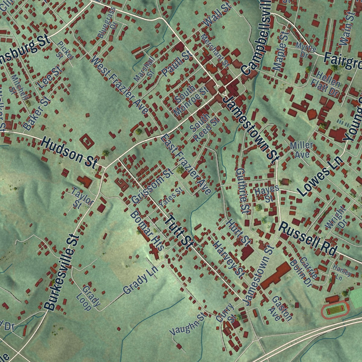 Close-up of the map of Columbia, Kentucky print showing street and building detail