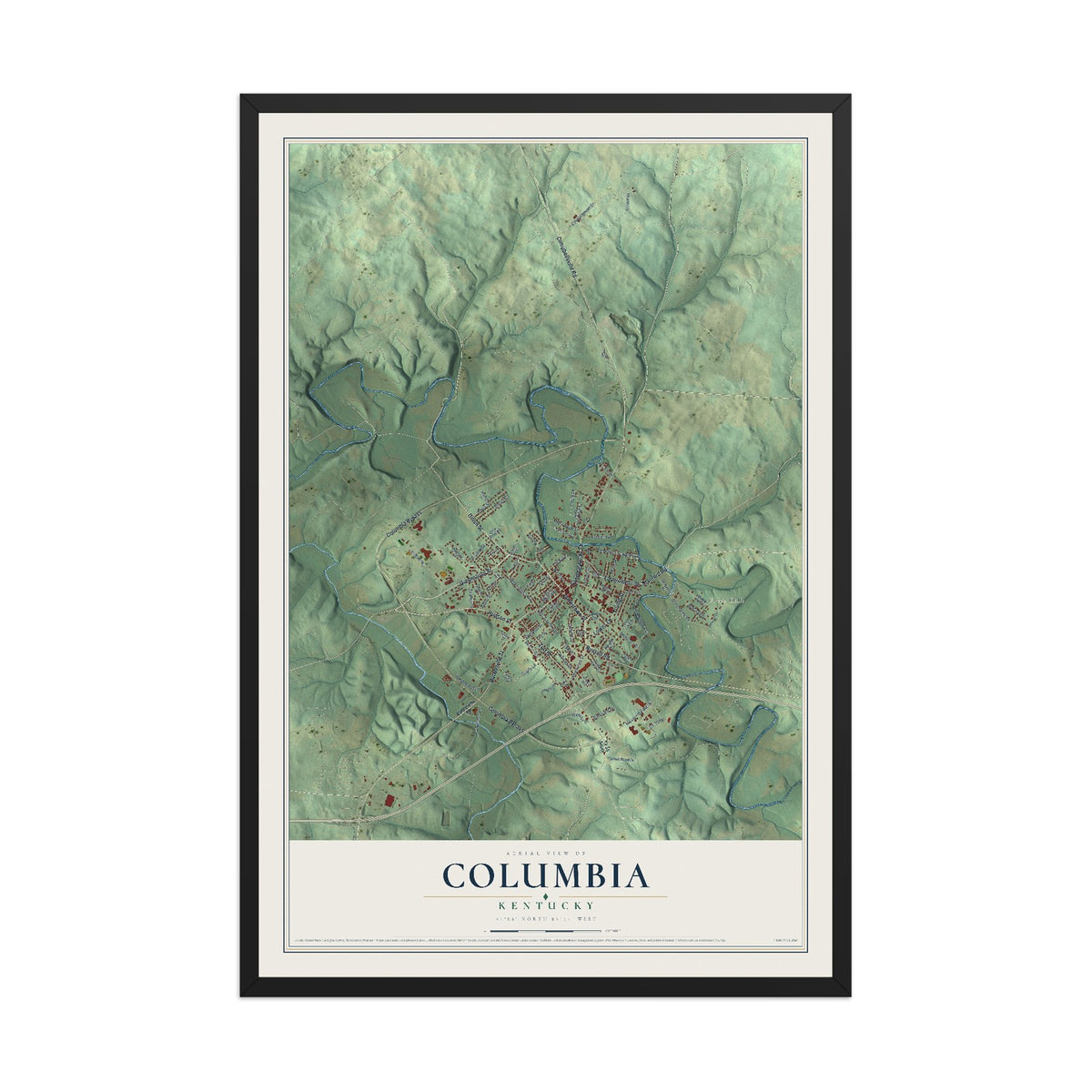 Map of Columbia, Kentucky, 12 x 18 inch print in a black wood frame