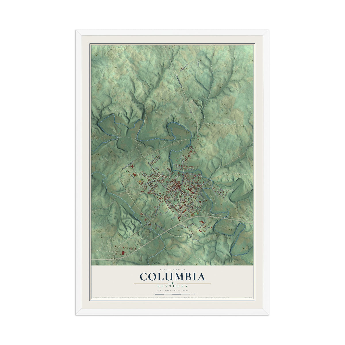 Map of Columbia, Kentucky, 12 x 18 inch print in a white wood frame