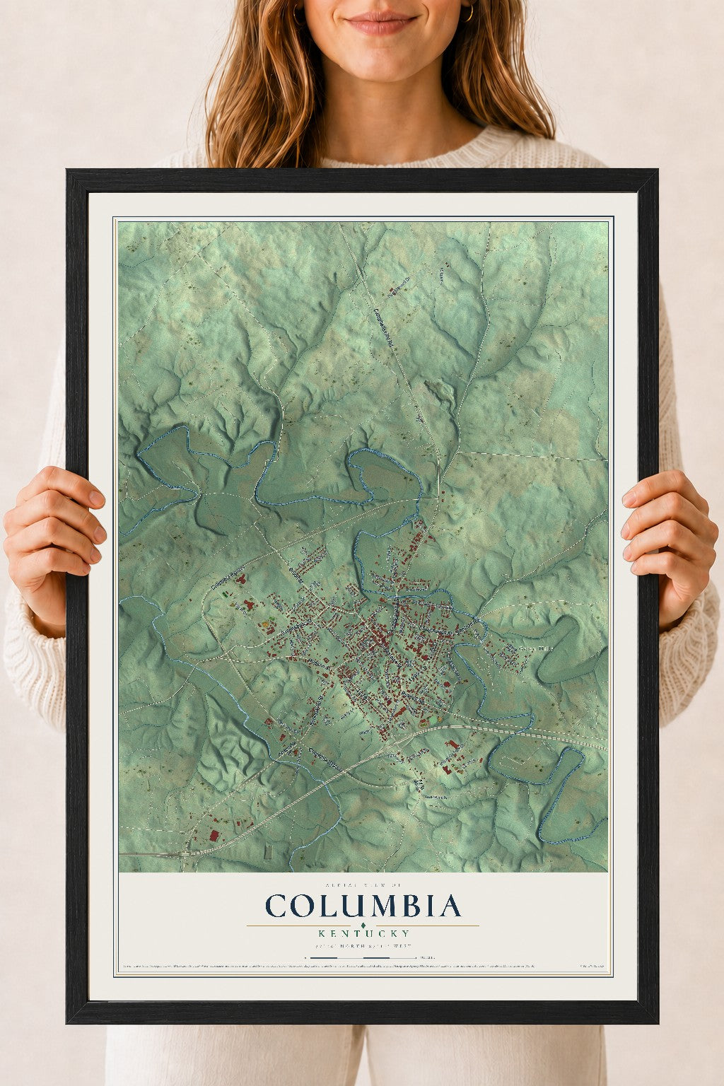 Map of Columbia, Kentucky, 18 x 24 inch print in a black wood frame