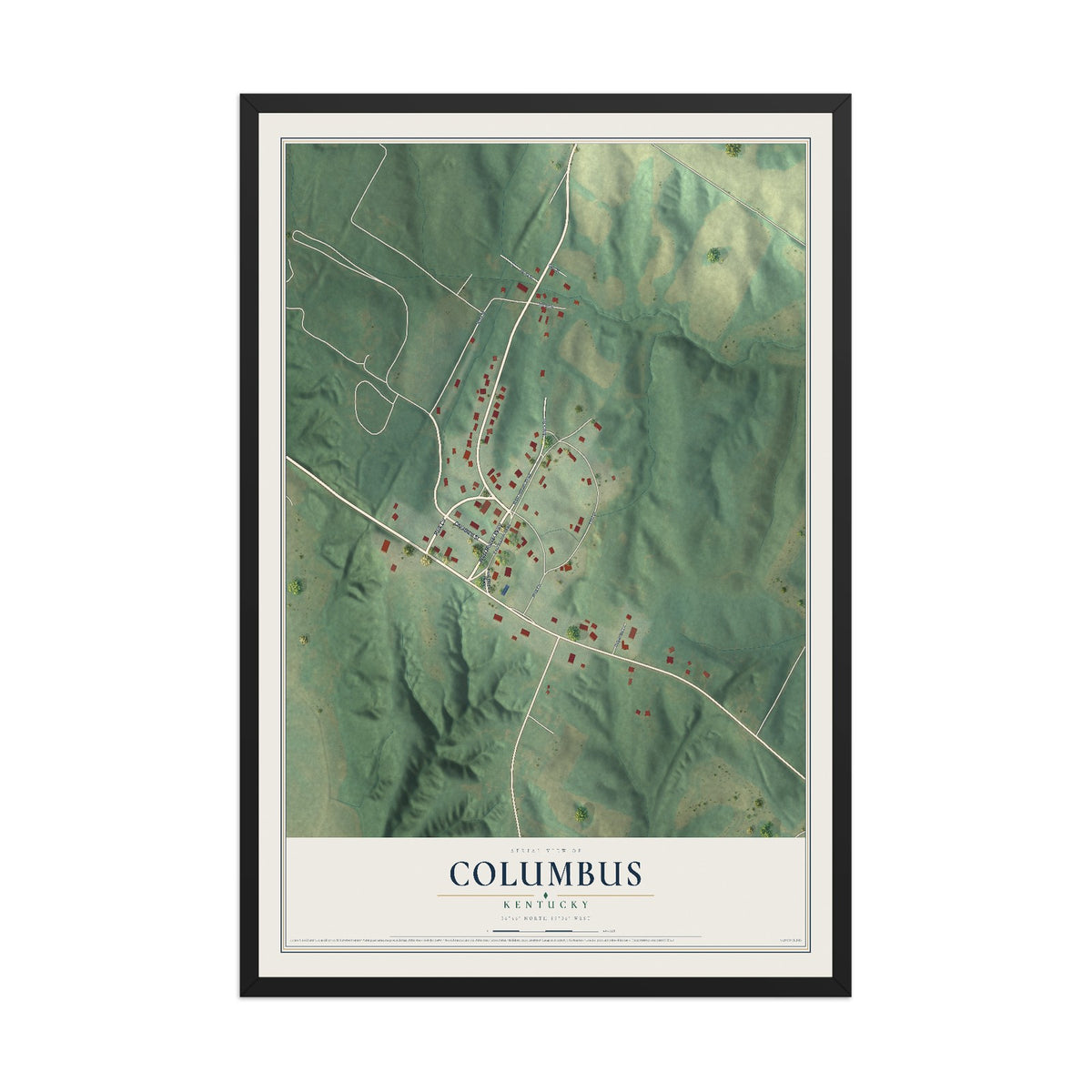 Map of Columbus, Kentucky, 12 x 18 inch print in a black wood frame