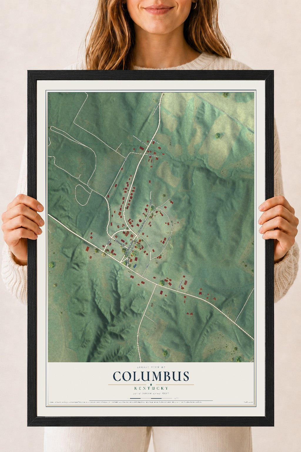 Map of Columbus, Kentucky, 18 x 24 inch print in a black wood frame