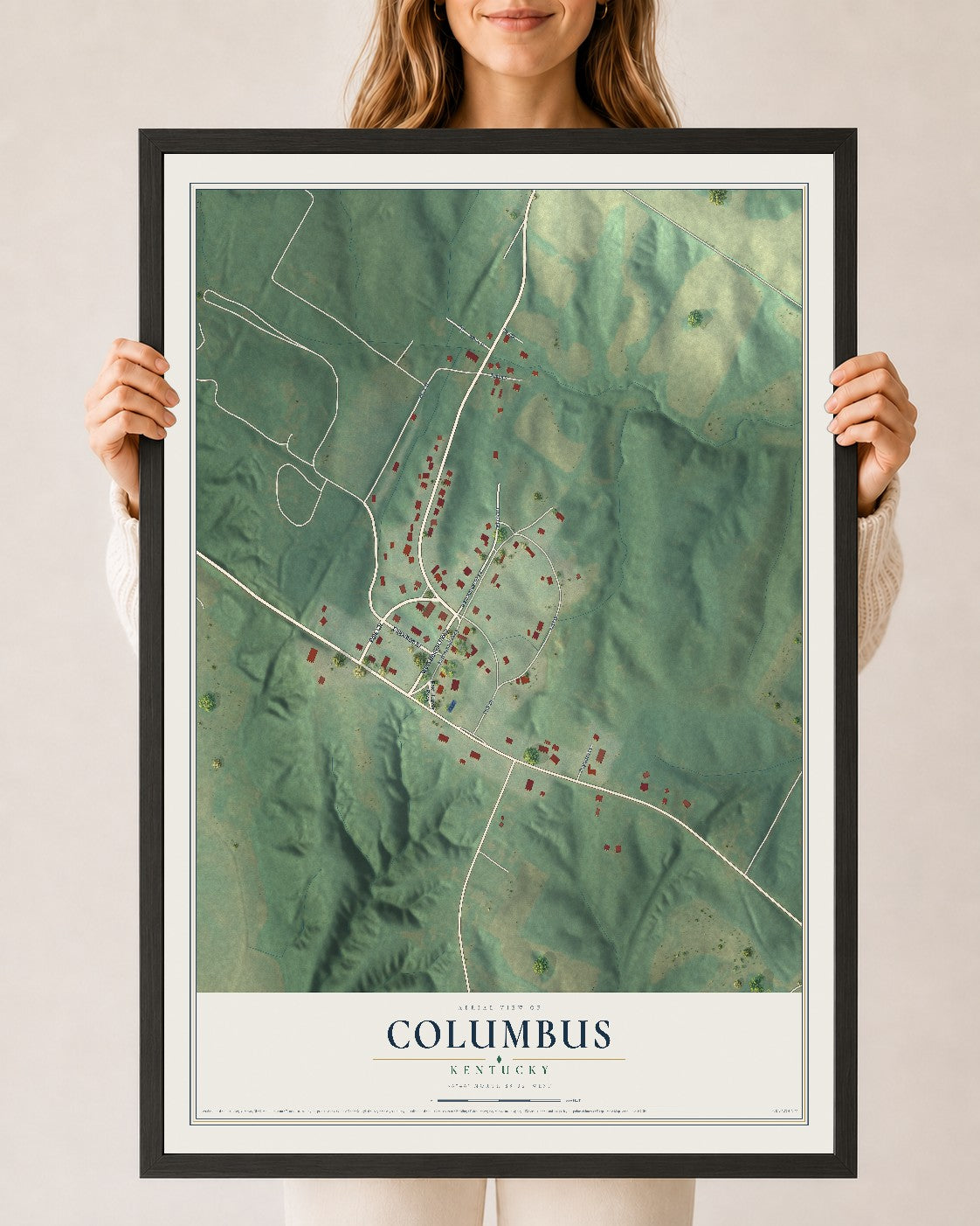 Map of Columbus, Kentucky, 24 x 36 inch print in a black wood frame