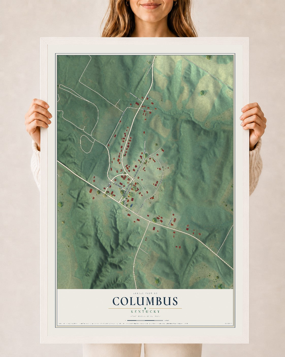Map of Columbus, Kentucky, 24 x 36 inch print in a white wood frame