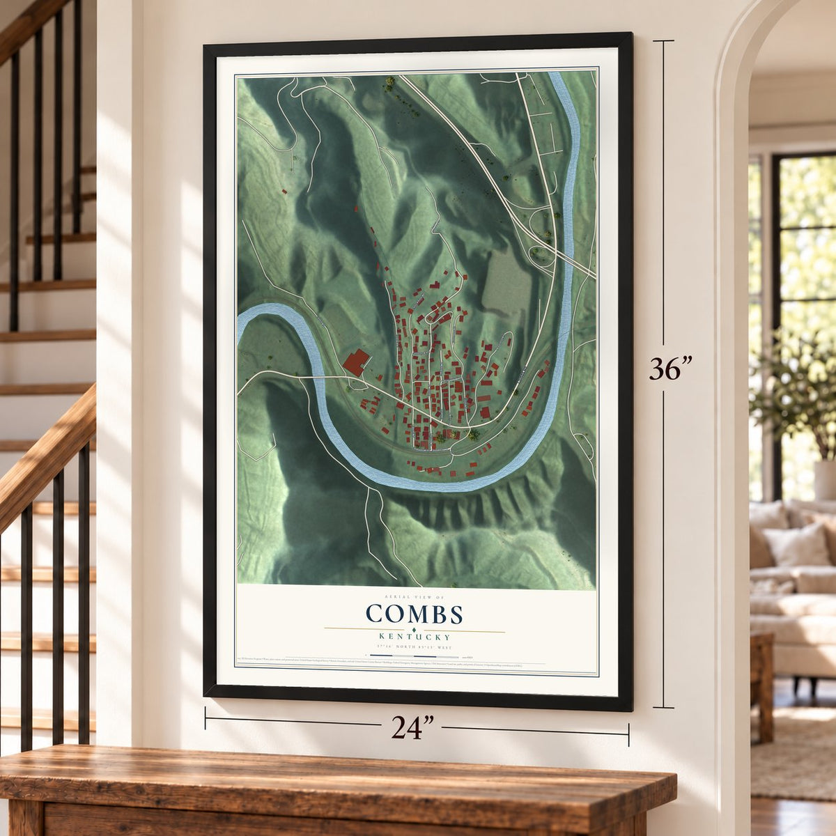 Combs, Kentucky map, 24 x 36 inch print in a black frame by a staircase