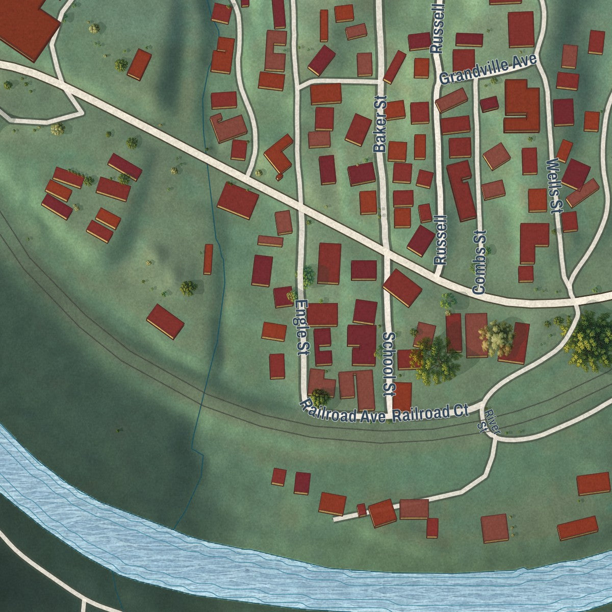 Close-up of the map of Combs, Kentucky print showing street and building detail
