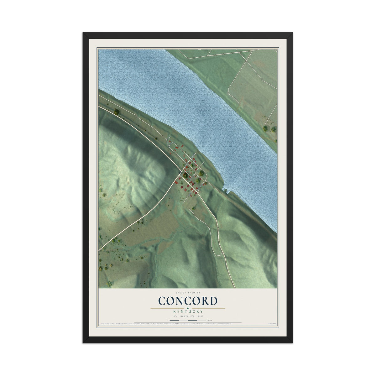 Map of Concord, Kentucky, 12 x 18 inch print in a black wood frame