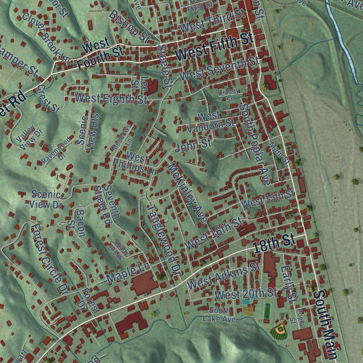 Close-up of the map of Corbin, Kentucky print showing street and building detail