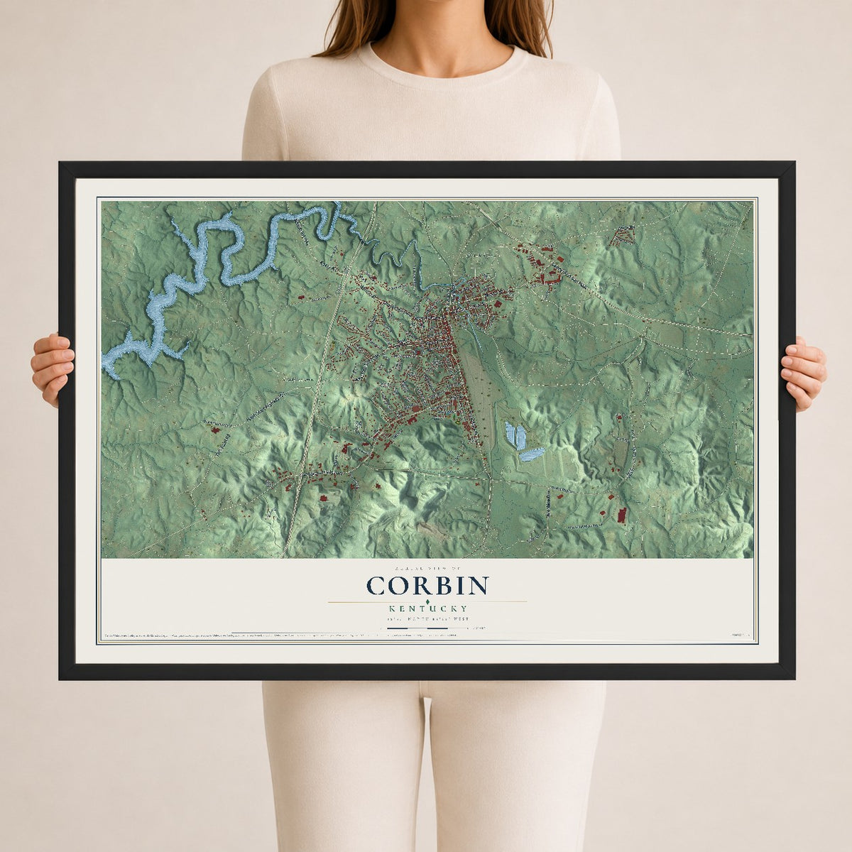 Map of Corbin, Kentucky, 24 x 36 inch print in a black wood frame