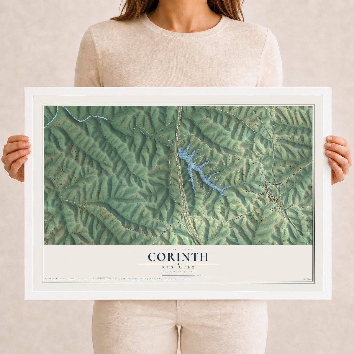 Map of Corinth, Kentucky, 12 x 18 inch print in a white wood frame
