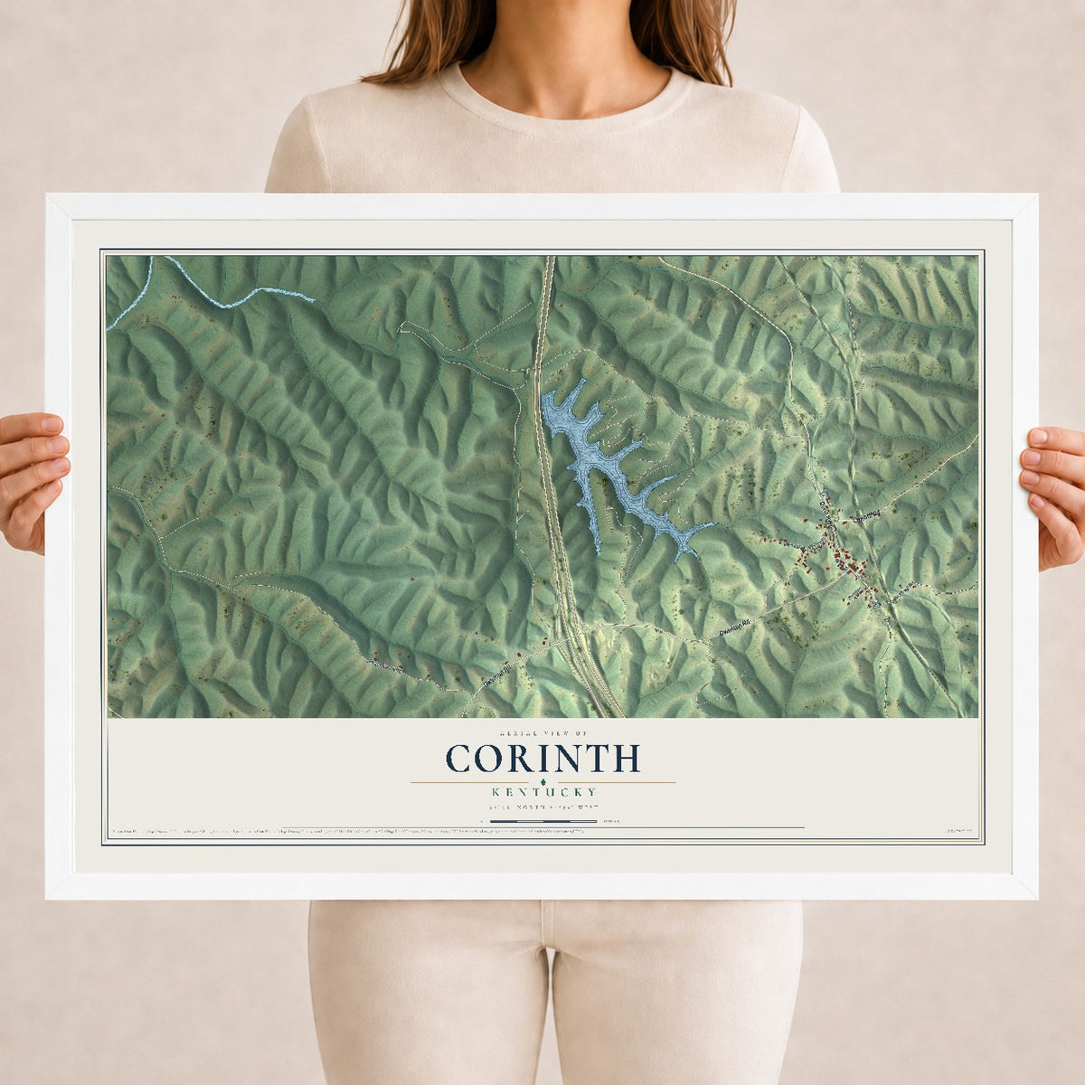 Map of Corinth, Kentucky, 18 x 24 inch print in a white wood frame