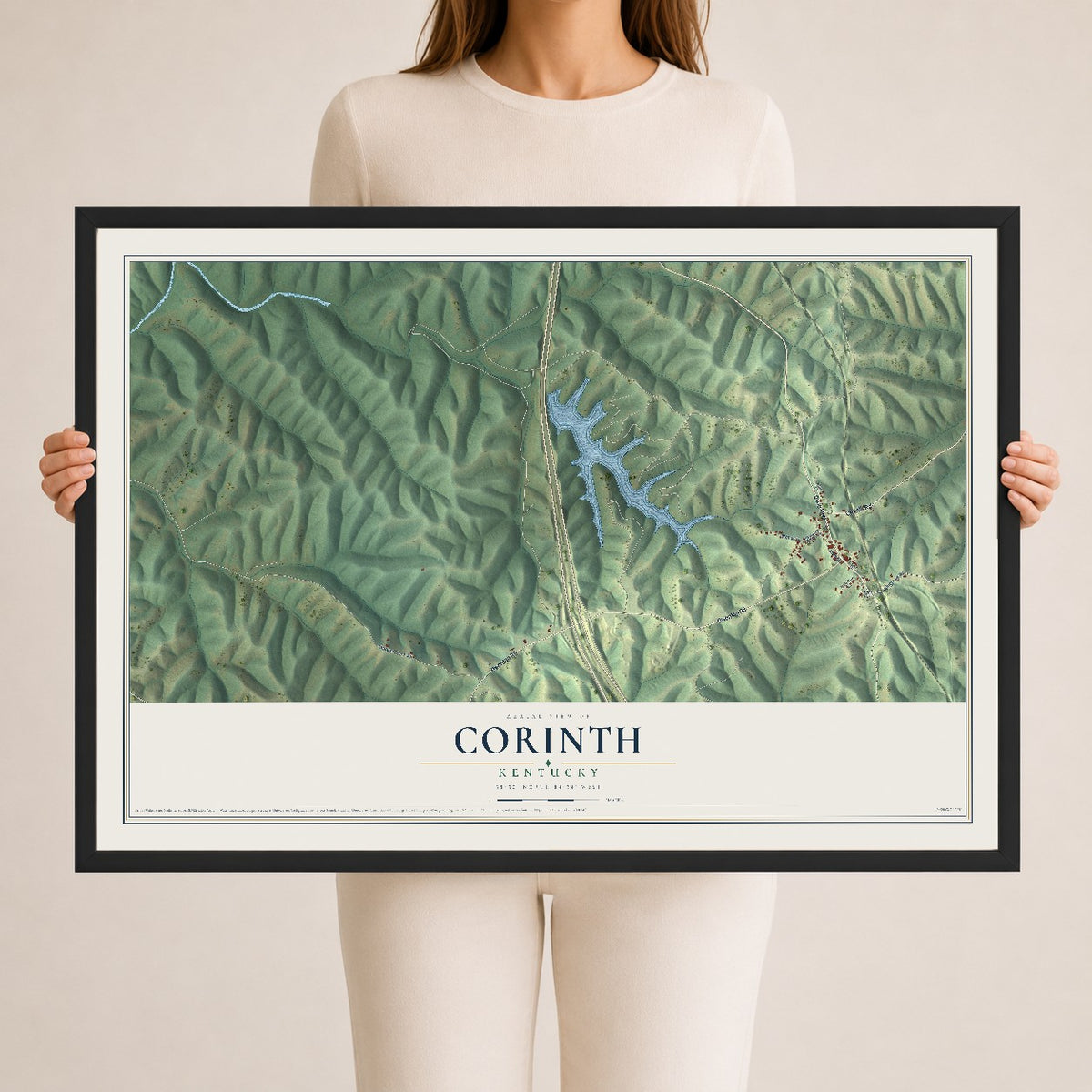 Map of Corinth, Kentucky, 24 x 36 inch print in a black wood frame
