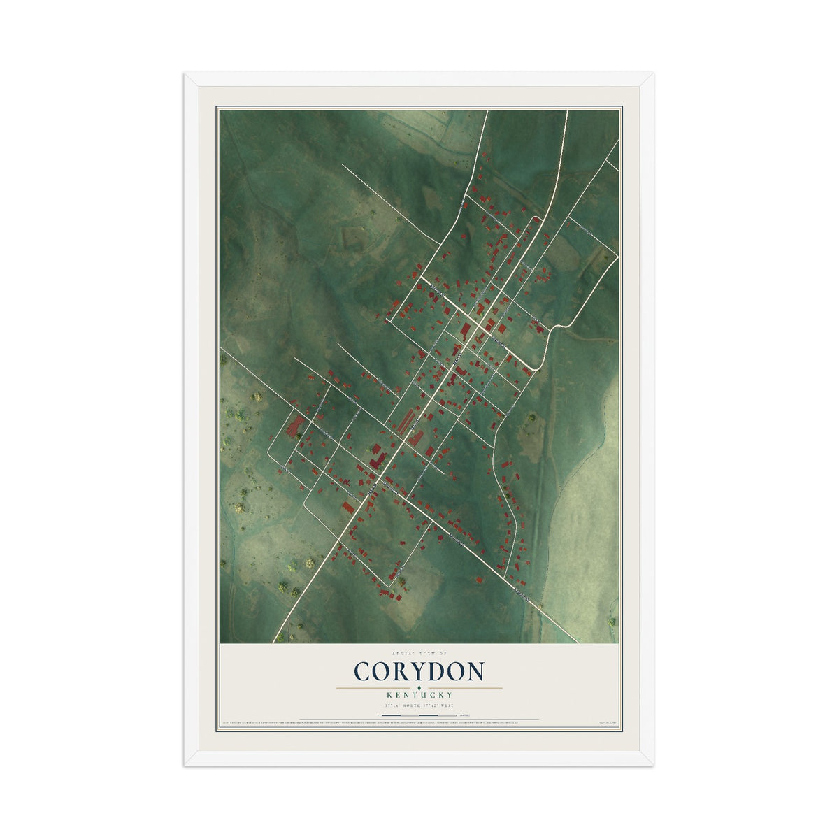 Map of Corydon, Kentucky, 12 x 18 inch print in a white wood frame