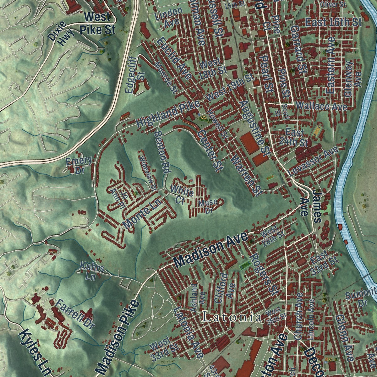 Close-up of the map of Covington, Kentucky print showing street and building detail