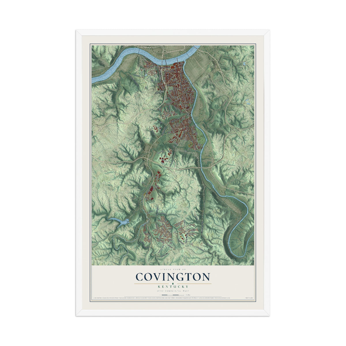 Map of Covington, Kentucky, 12 x 18 inch print in a white wood frame
