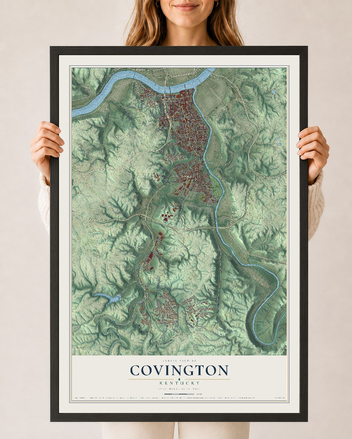 Map of Covington, Kentucky, 24 x 36 inch print in a black wood frame