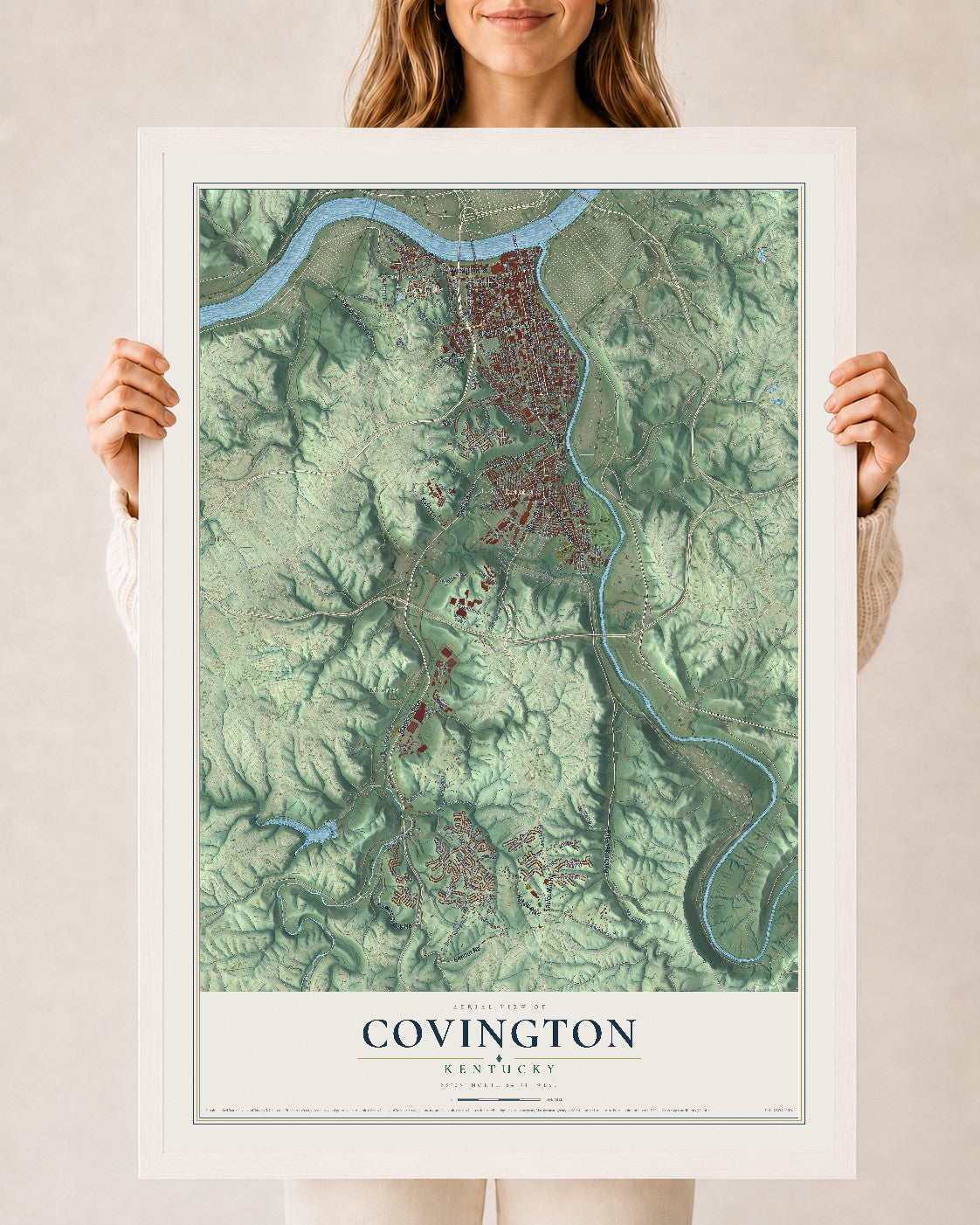 Map of Covington, Kentucky, 24 x 36 inch print in a white wood frame