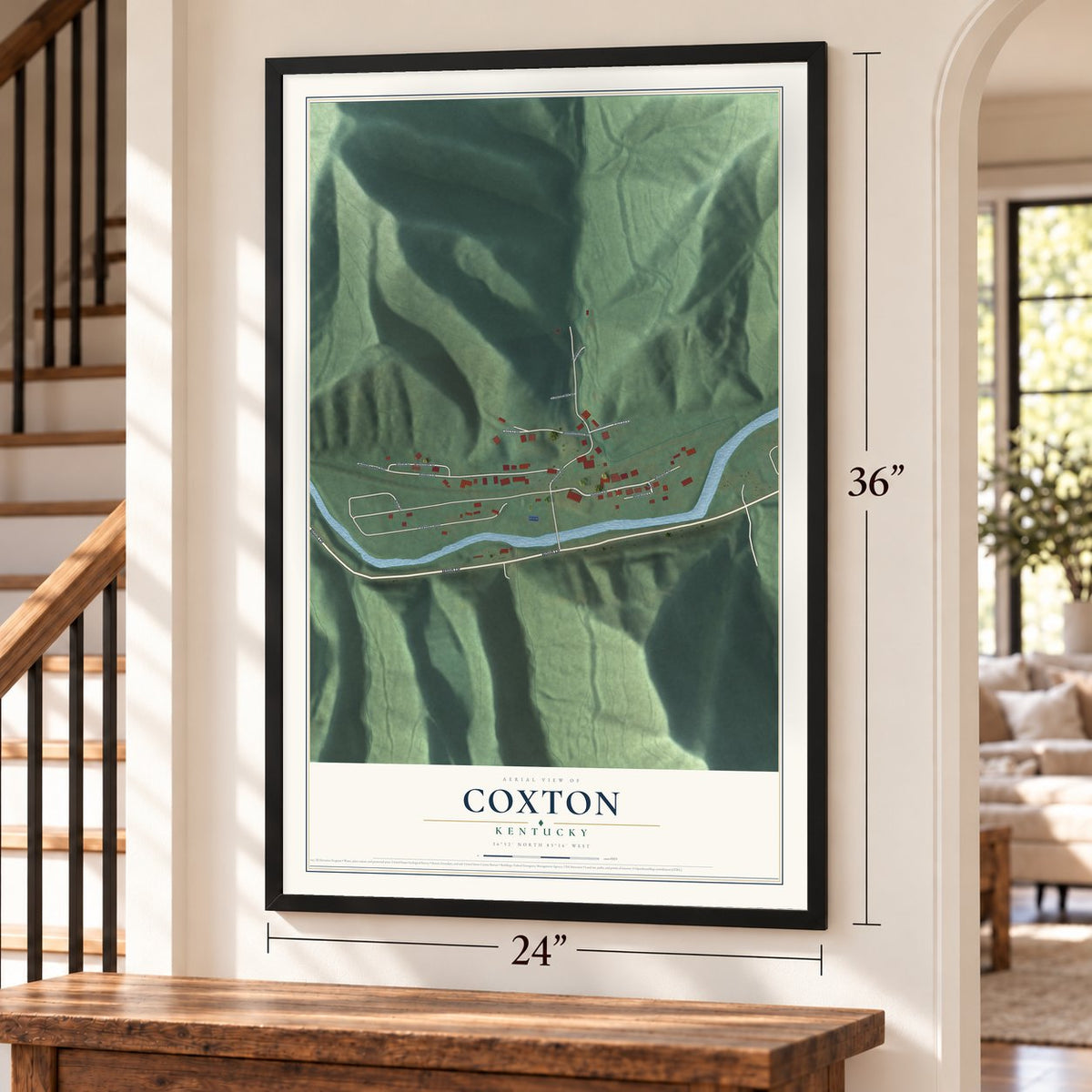 Coxton, Kentucky map, 24 x 36 inch print in a black frame by a staircase