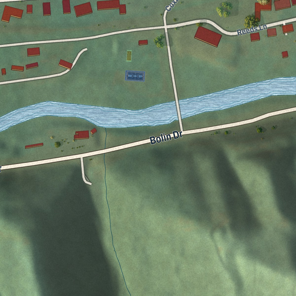 Close-up of the map of Coxton, Kentucky print showing street and building detail