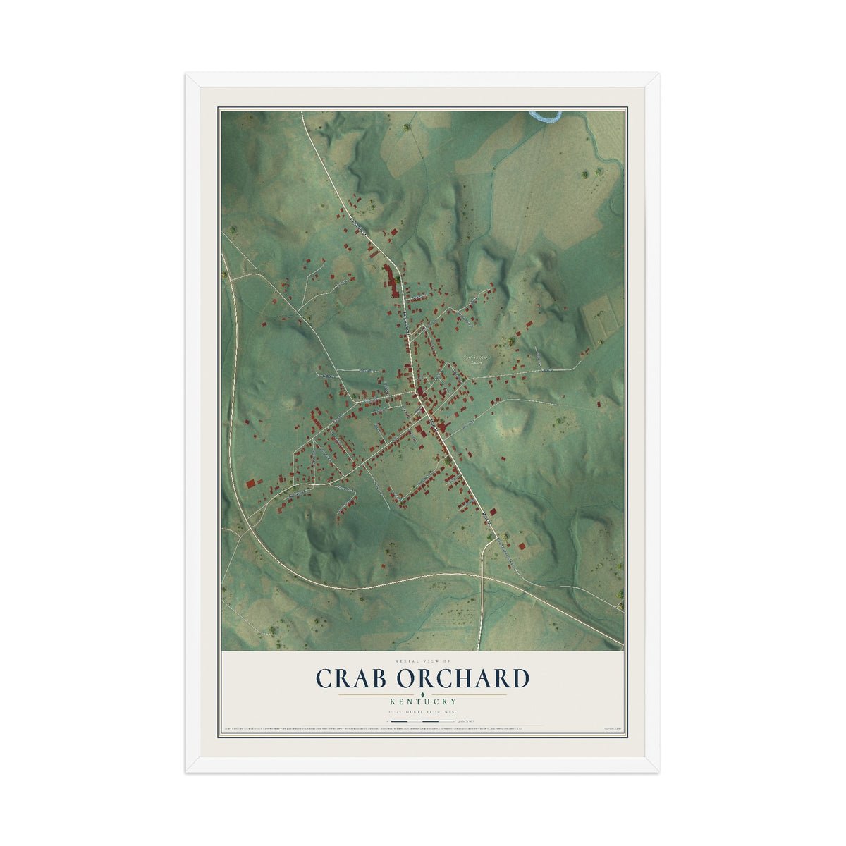 Map of Crab Orchard, Kentucky, 12 x 18 inch print in a white wood frame