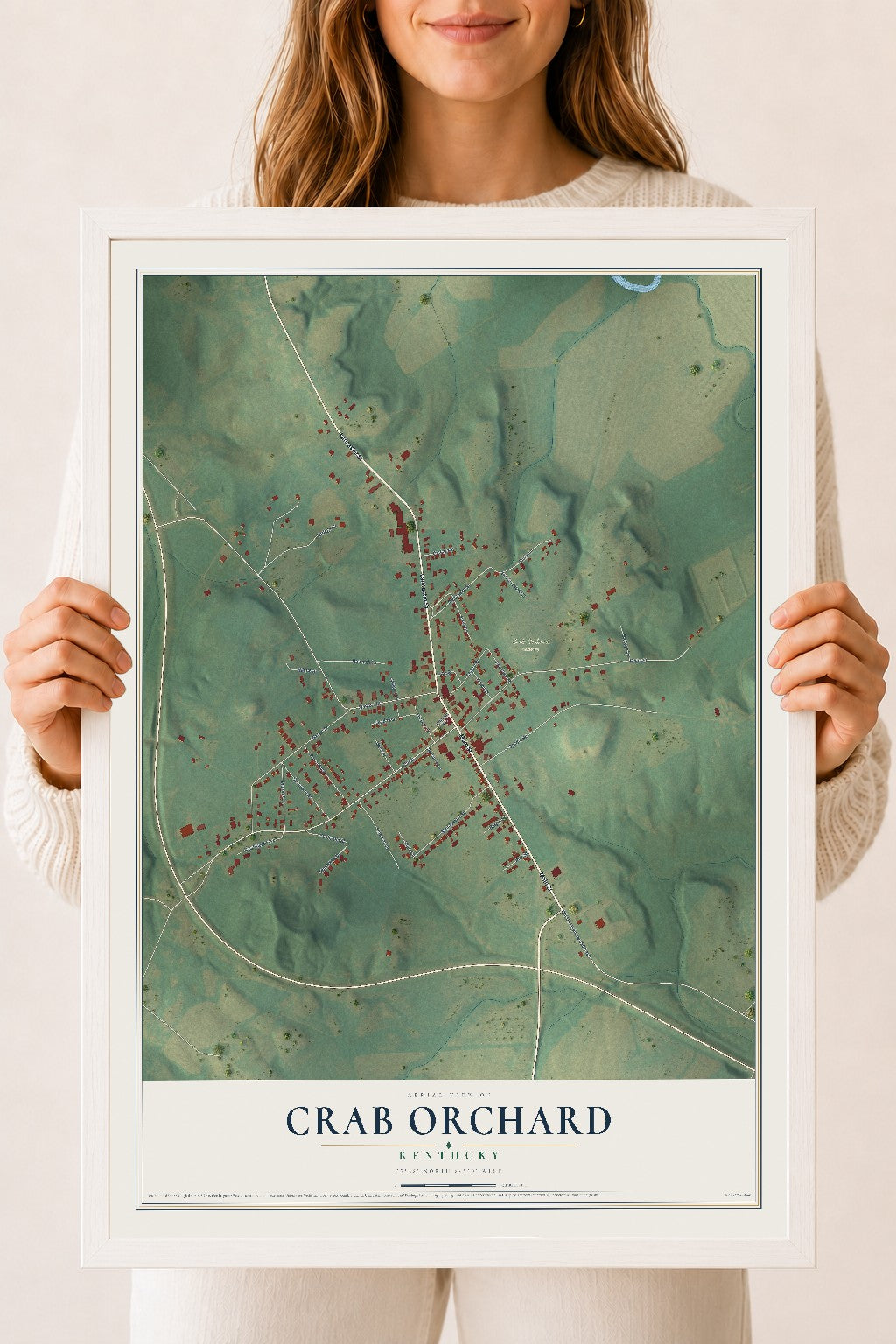 Map of Crab Orchard, Kentucky, 18 x 24 inch print in a white wood frame