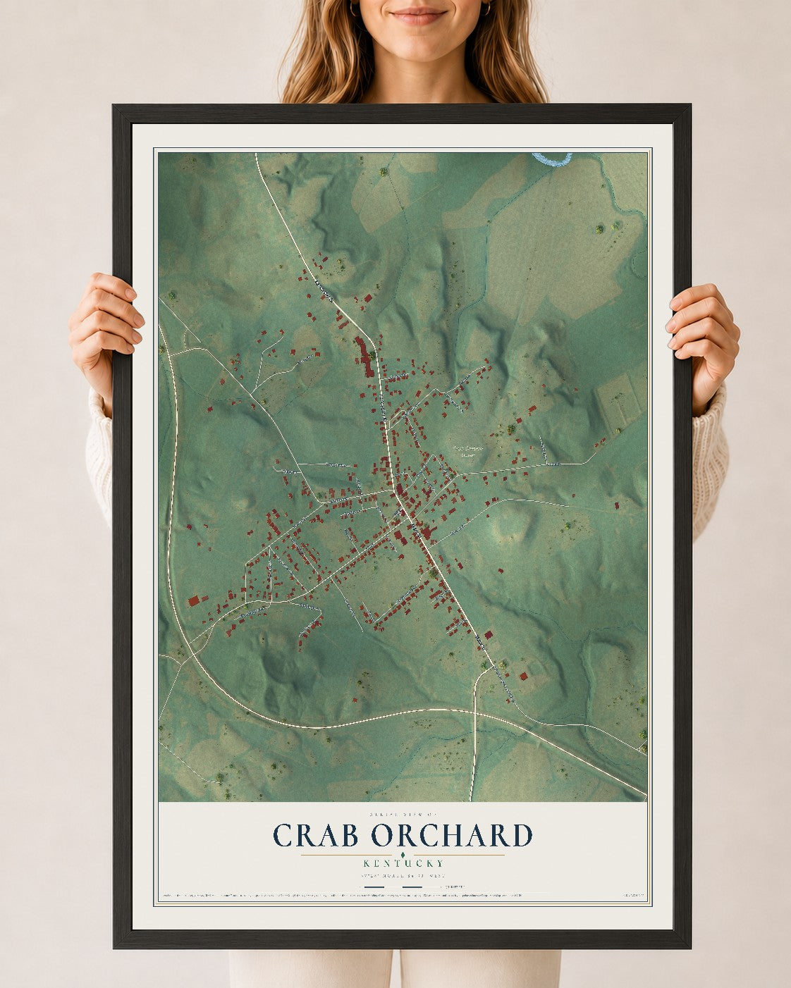 Map of Crab Orchard, Kentucky, 24 x 36 inch print in a black wood frame