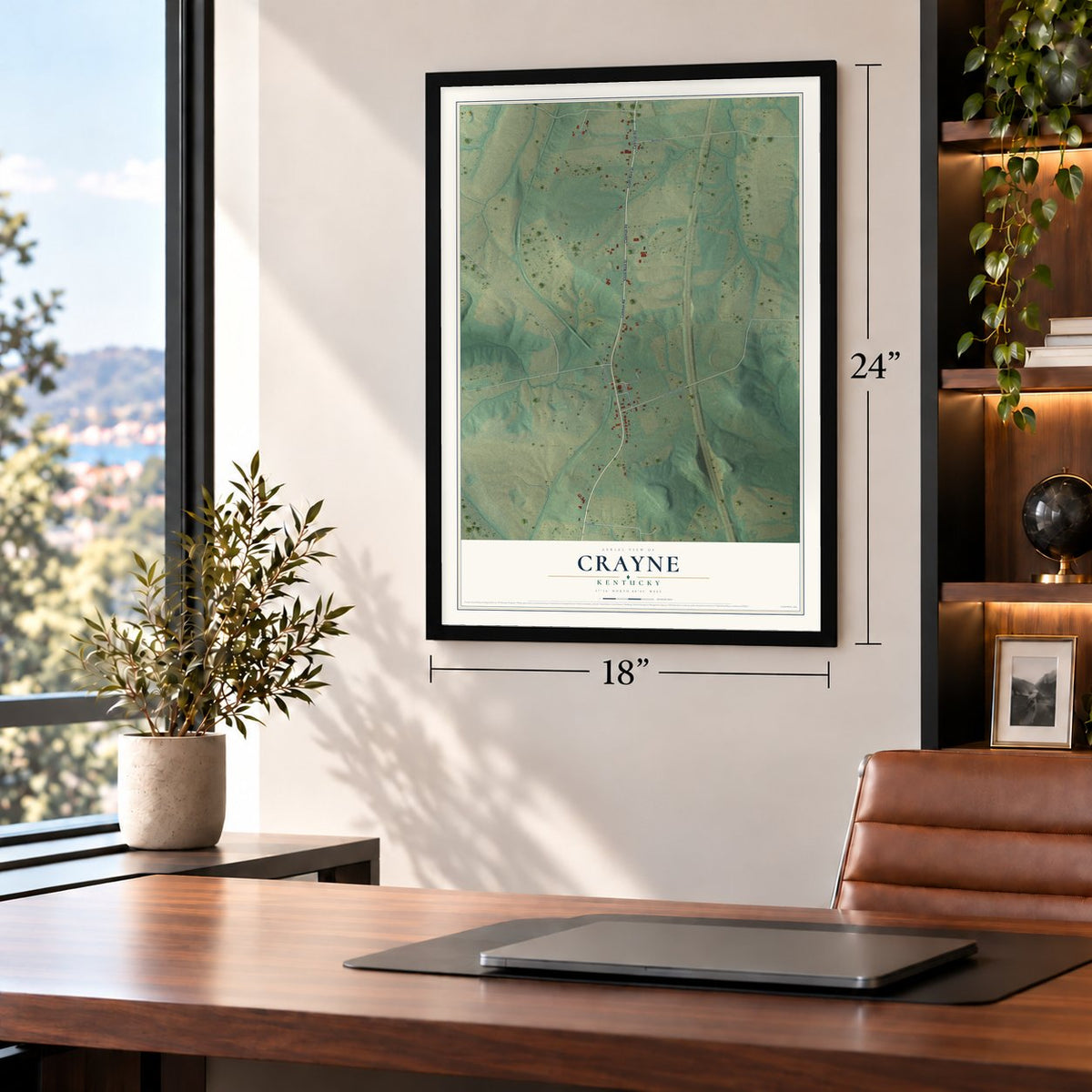 Crayne, Kentucky map, 18 x 24 inch print in a black frame in a home office