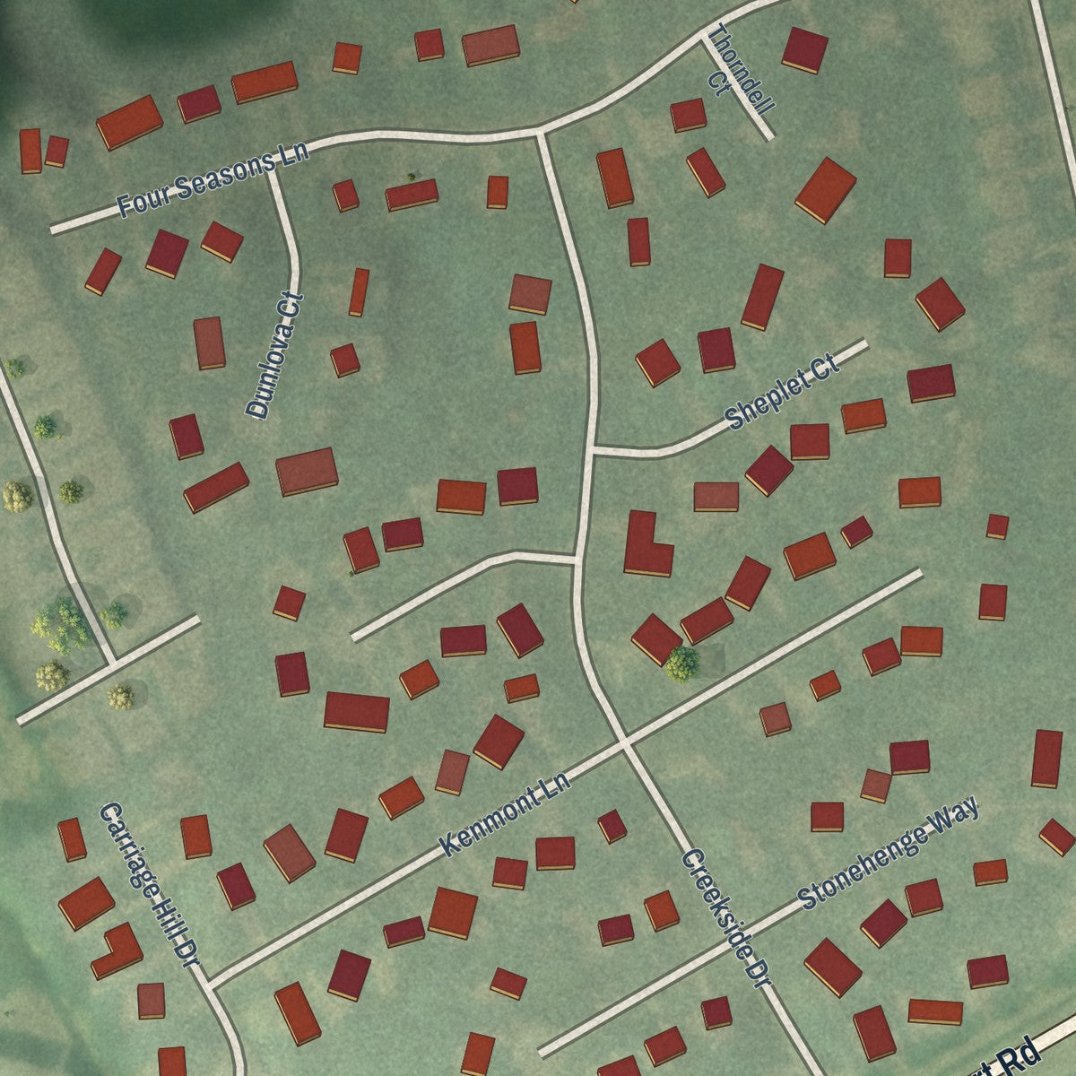 Close-up of the map of Creekside, Kentucky print showing street and building detail