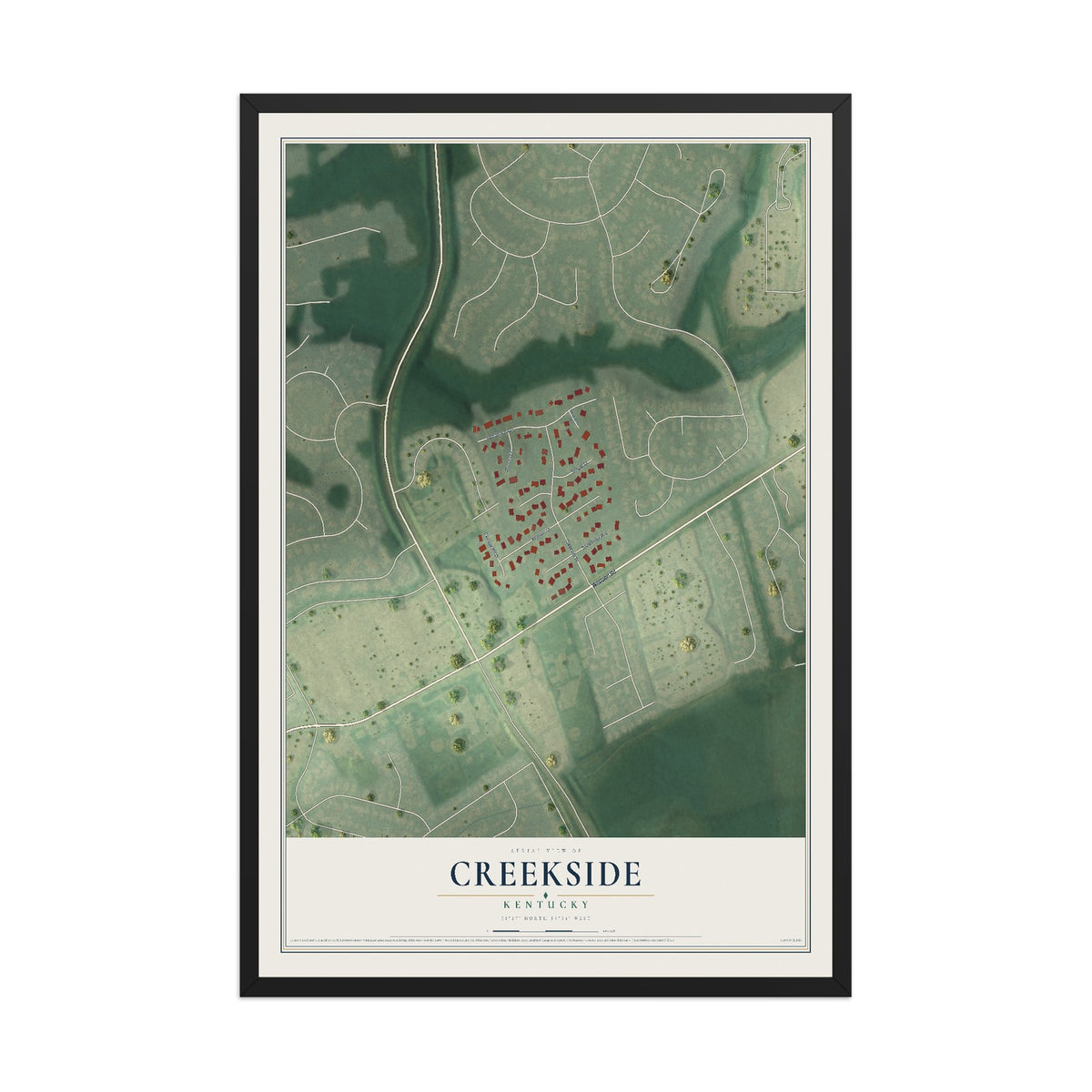 Map of Creekside, Kentucky, 12 x 18 inch print in a black wood frame