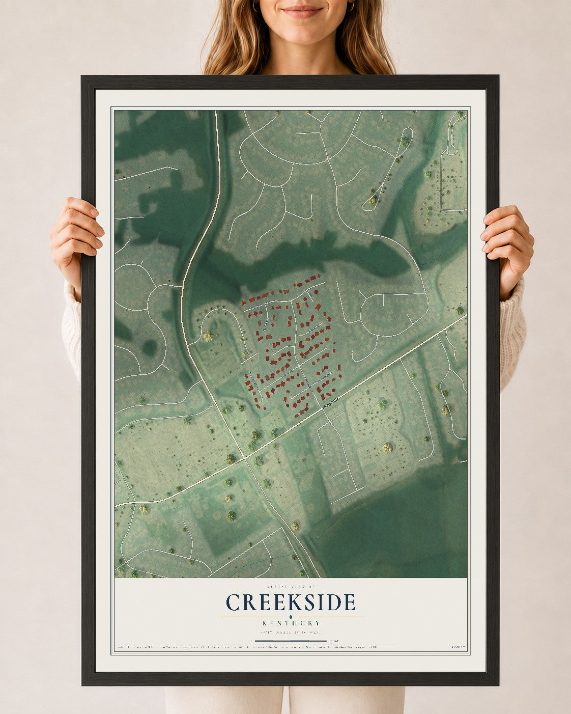 Map of Creekside, Kentucky, 24 x 36 inch print in a black wood frame