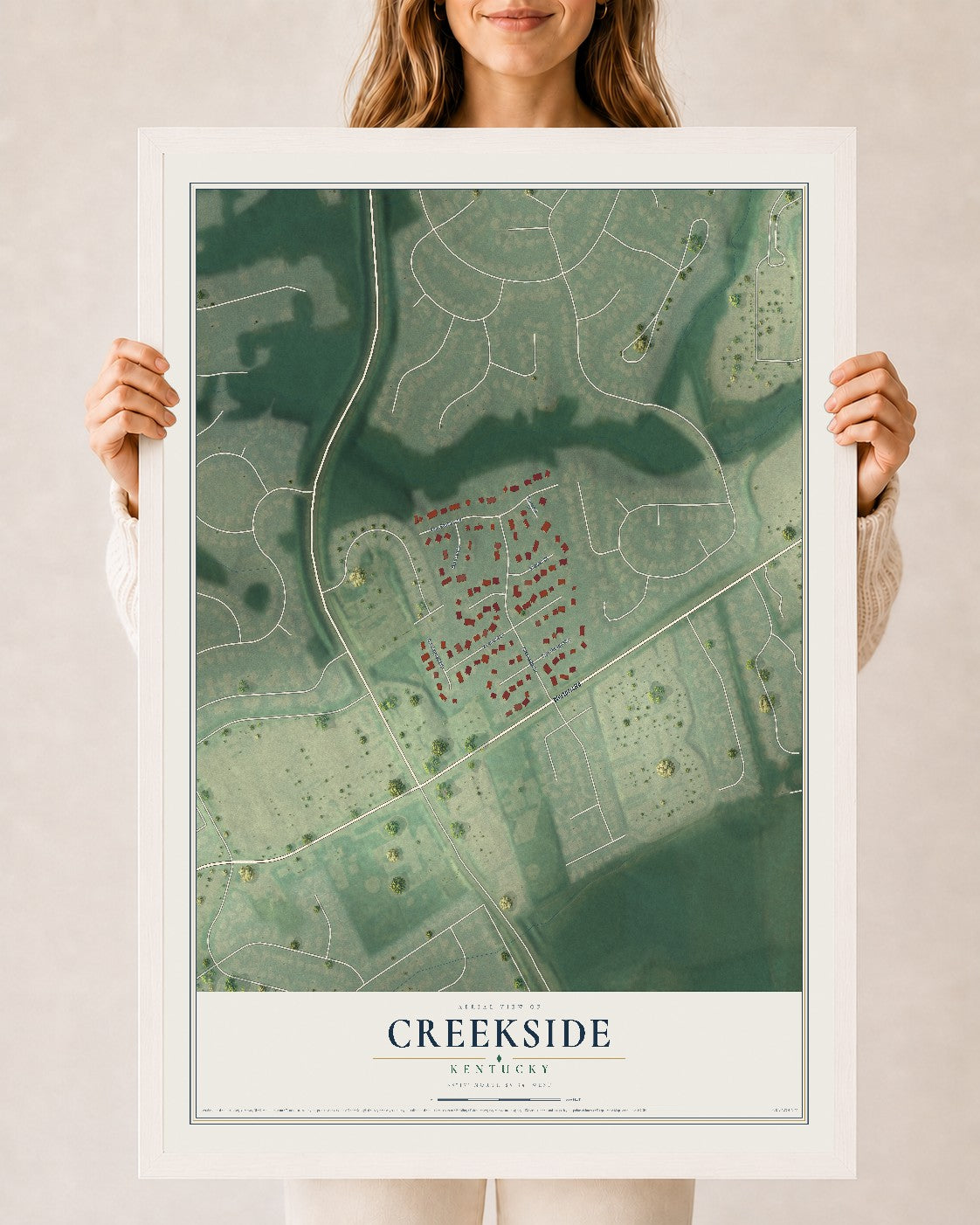 Map of Creekside, Kentucky, 24 x 36 inch print in a white wood frame