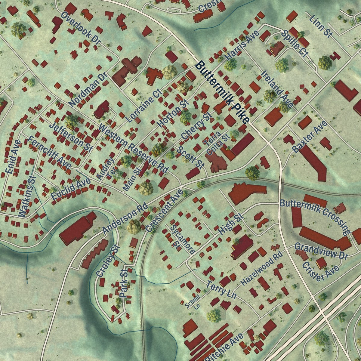 Close-up of the map of Crescent Springs, Kentucky print showing street and building detail