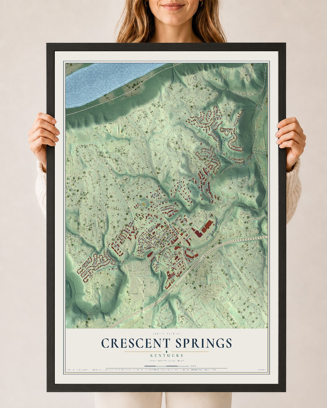 Map of Crescent Springs, Kentucky, 24 x 36 inch print in a black wood frame