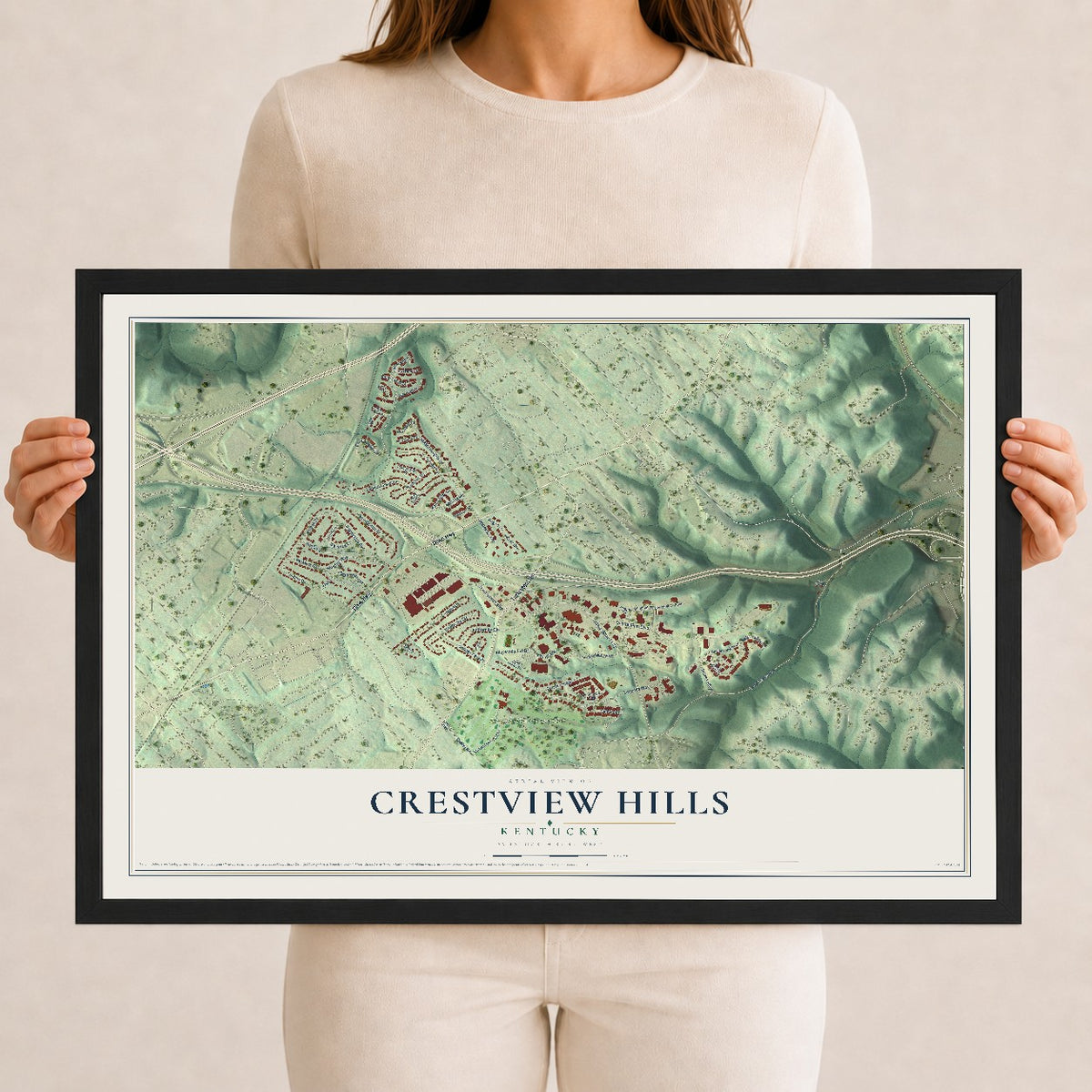 Map of Crestview Hills, Kentucky, 12 x 18 inch print in a black wood frame