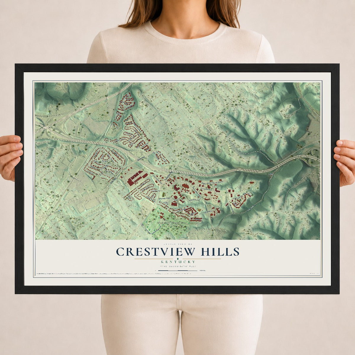 Map of Crestview Hills, Kentucky, 18 x 24 inch print in a black wood frame