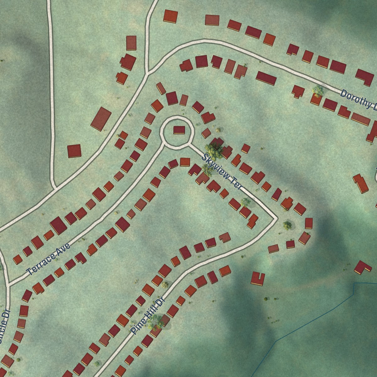 Close-up of the map of Crestview, Kentucky print showing street and building detail