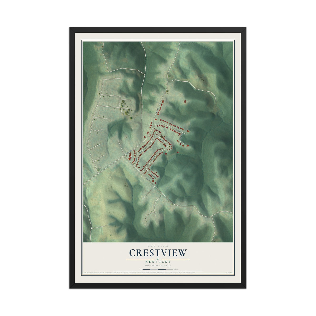 Map of Crestview, Kentucky, 12 x 18 inch print in a black wood frame