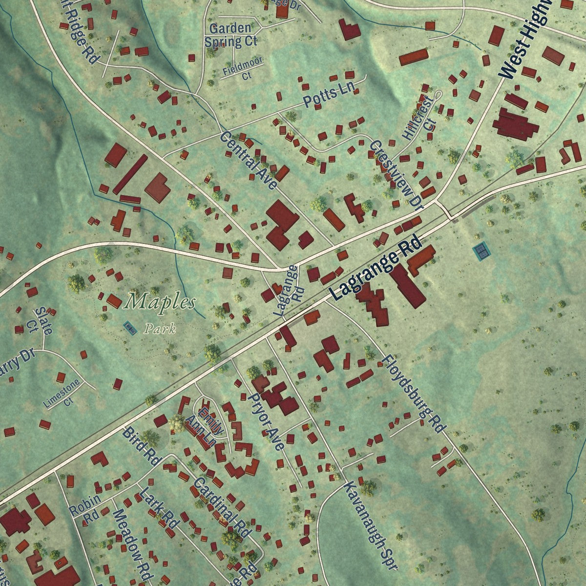 Close-up of the map of Crestwood, Kentucky print showing street and building detail