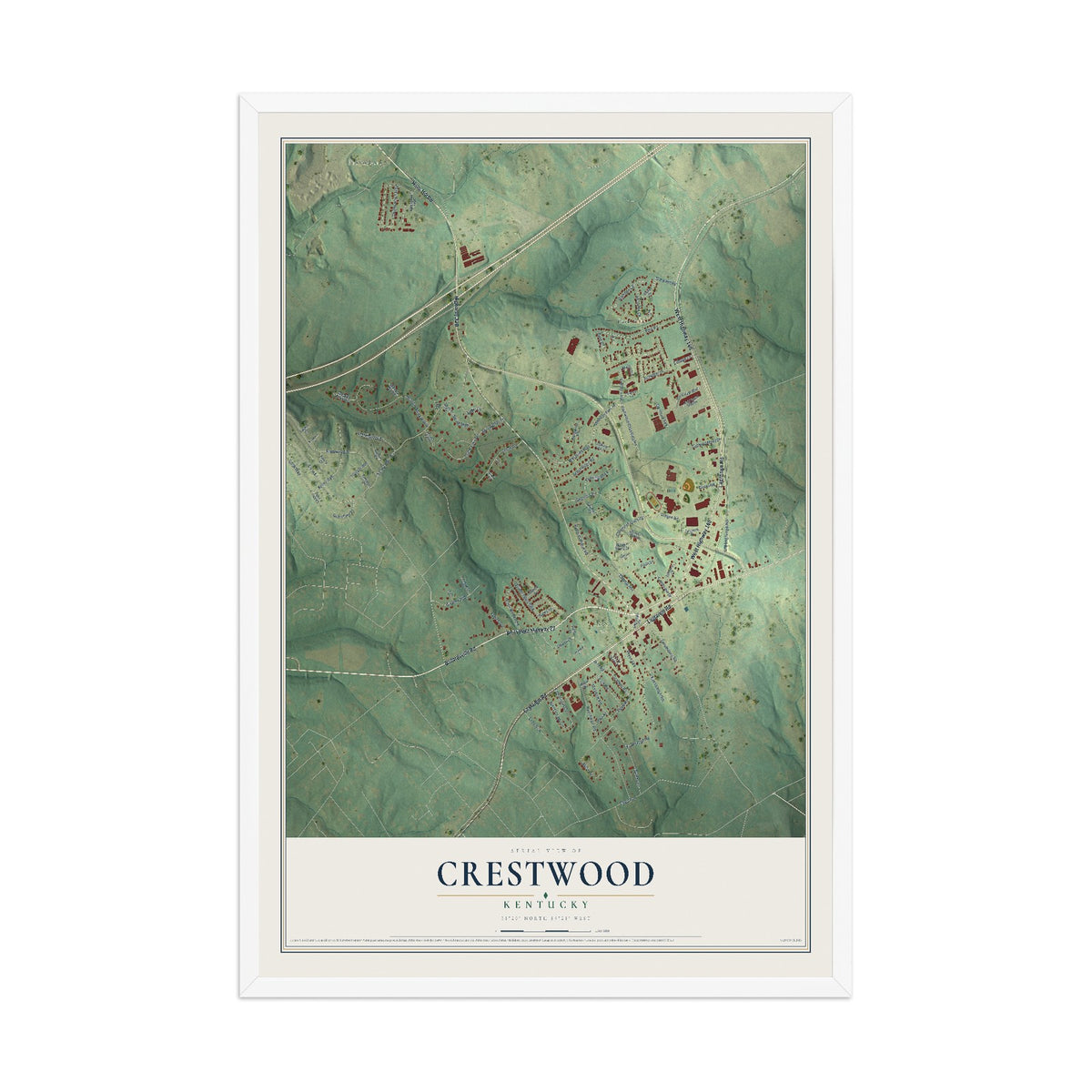 Map of Crestwood, Kentucky, 12 x 18 inch print in a white wood frame