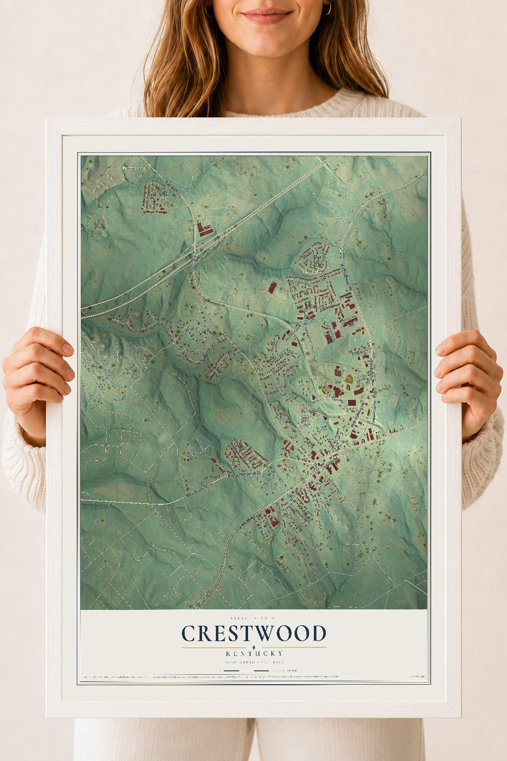Map of Crestwood, Kentucky, 18 x 24 inch print in a white wood frame
