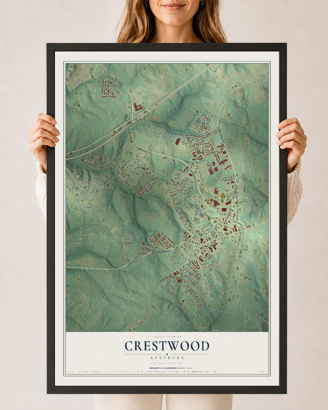 Map of Crestwood, Kentucky, 24 x 36 inch print in a black wood frame